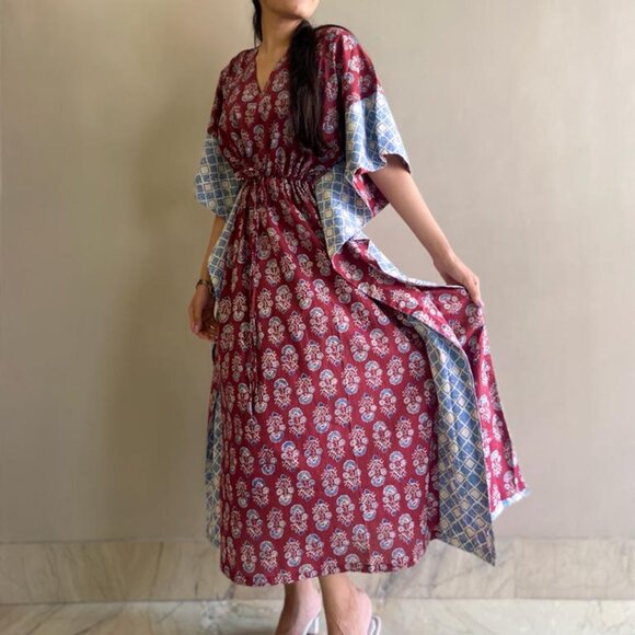 Brand New Women Indian Handmade Cotton Kaftan Hand Block Print Caftan Gown - Picture 5 of 8